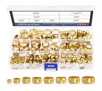 Glarks 220Pcs Brass Compression Sleeves Ferrules, Tube OD 4mm 6mm 8mm 10mm 12mm 13mm 14mm 16mm Brass Compression Fitting Assortment Kit