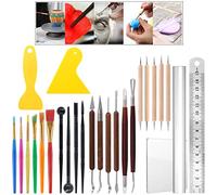 Glarks 26Pcs Carving Modeling Clay Sculpting Tool Set Pottery Sculpture Tool, Plastic Modeling Tool, Dual-End Dotting Clay Tool, Scraper, Paint Brush, Ruler, Acrylic Clay Roller, Acrylic Sheet