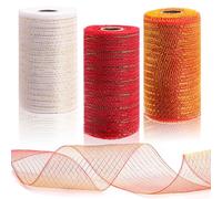GLARKS 3 Rolls Halloween Mesh Ribbon Deco Metallic Foil Poly Mesh Ribbon Light Red, Red with Green, Platinum for Wreaths, Swags, Craft, Party and Decorating Supplies