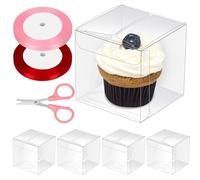 GLARKS 33pcs 2 x 2 x 2in Clear Favor Boxes Set Plastic Small Gift Boxes Transparent Cube Treat Boxes with 0.4in x 74ft Ribbons and Scissors for Wedding Baby Shower Birthday Party Favor
