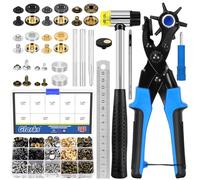 Glarks 350Pcs Leather Hole Punch Tools Kit, Adjustable Belt Hole Puncher with 240pcs Leather Rivets, 100pcs Leathers Snap Button and Rubber Hammer, Leathers Rivet Setter for Belts