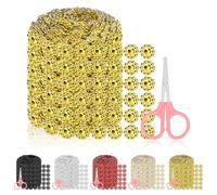 Glarks 3pcs Golden Flower Rhinestone Ribbon Set, 98mm x 3 Yards 6 Rows Plastic Rhinestone Mesh Fabric with 2pcs Tools, Bling Rhinestone Ribbon, Sparkling Bling Wrap Ribbon for Arts Crafts