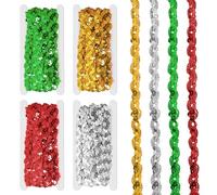 Glarks 4 Rolls 5 Yard Sequins Beaded Lace Trim, 4 Colors 0.6in Wave Sequin Braid Trim Strip, Including Red, Grass Green, Deep Gold, Sliver Sequins Ribbon Trim for DIY Sewing Costume