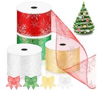 Glarks 4 Rolls 6.3cm x 9.15m Organza with Glitter Snowflakes Wired Ribbon, Gold/Silver/Green/Red Colors Wired Snowflake Sheer Organza Glitter Ribbon, Christmas Snowflake Ribbons Glitter Wired Edge