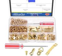 Glarks 401pcs Gold Picture Hanging Kit, Include 50pcs Sawtooth Picture Frame Hangers, 50pcs Frame Turn Buttons, 50pcs D Ring Picture Hangers, 250pcs Screws and 1pcs Screwdriver for Hanging Photo