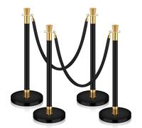 Glarks 4Pcs Stainless Steel Stanchion Post Queue, Black Gold Crowd Control Barriers with 2Pcs 5FT Velvet Rope for Crowd Control, High-End Venues, Museums, Party Supplies