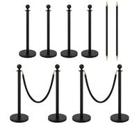 Glarks 4Pcs Stainless Steel Stanchion Post Queue, Black Round Top Crowd Control Barriers with 2Pcs 5FT Velvet Rope for Crowd Control, High-End Venues, Museums, Party Supplies