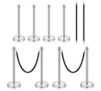 Glarks 4Pcs Stainless Steel Stanchion Post Queue, Silver Crowd Control Barriers with 2Pcs 5FT Velvet Rope for Crowd Control, High-End Venues, Museums, Party Supplies