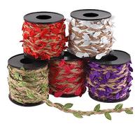 Glarks 5 Rolls 33 Feet Leaf Ribbon Set, 5 Colors Natural Jute Twine with Artificial Vine Leaves Strings, Braided Burlap Vine Rope Decorative Vine Ribbon for DIY Jungle Decor Wedding Home Garden
