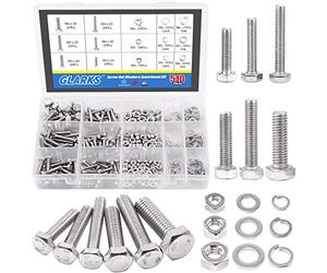 Glarks 510 Pieces Flat Hex Stainless Steel Screws Bolts nuts Lock and Flat Gasket Washers Assortment Kit