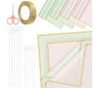 Glarks 52pcs Flower Wrapping Paper Set, Including 40 Sheets Pink and Blue Waterproof Bouquet Wrapping Paper, 10pcs Floral Pick Card Holders, 1 Roll Ribbon and 1pcs Pink Scissors for Flower Shop