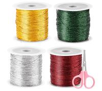 GLARKS 5Pcs 4 Rolls 50M/55Yards Metallic Cord String Set, Red, Dark Gold, Silver, Blackish Green Non Stretch Thread Metallic Cord with Pink Scissors for Jewelry Making