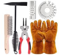 Glarks 6Pcs Welding Tool Set - Chipping Hammer with Coil Spring Handle, Wire Brush, Plier, 2Pcs Stainless Steel Metal Sheet Thickness Gauges