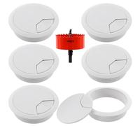 Glarks 6Pcs White Desk Grommet 3-1/6inch Desk Adjustable Cable Hole Covers with 1Pc Hole Saw, Table Wire Cable Ring Hole Cover for Office and Home Table Cable