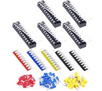 Glarks 70Pcs(5Sets) Terminal Block Set, 5Pcs 10 Positions 600V 15A Dual Row Screw Terminals Strip + 5Pcs Pre-Insulated Barrier Strips + 60Pcs Insulated Fork Wire Connector (10P+Fork Connector)