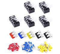 Glarks 70Pcs(5Sets) Terminal Block Set, 5Pcs 3 Positions 600V 15A Dual Row Screw Terminals Strip + 5Pcs Pre-Insulated Barrier Strips + 60Pcs Insulated Fork Wire Connector (3P+Fork Connector)
