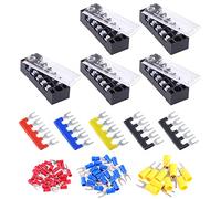 Glarks 70Pcs(5Sets) Terminal Block Set, 5Pcs 5 Positions 600V 15A Dual Row Screw Terminals Strip + 5Pcs Pre-Insulated Barrier Strips + 60Pcs Insulated Fork Wire Connector (5P+Fork Connector)