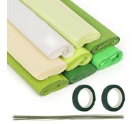Glarks 8 Colors Wide Crepe Papers Rolls Kit for DIY Flower Making, Include 8 Rolls 9.84in x 8.2ft Crepe Paper Sheets, 20pcs 15.74in Green Floral Wire, 2 Rolls Tapes for Gift Wrapping