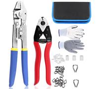 Glarks 83Pcs Wire Rope Crimping Tool Swager Crimpers Up to 2.2mm and Cable Cutter and Aluminum Double Barrel Ferrule Crimping Loop Sleeve & Stainless Steel Cable Thimbles with Gloves Assortment Kit