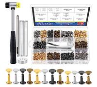 Glarks Leather Rivets with 5Pcs Rubber Hammer Setting Tool Kit, 4 Colors 3 Sizes Double Cap Rivets Tubular Metal Studs Leathercraft Rivets for Bags Clothing Shoes Leather Craft (360 Sets + Hammer)