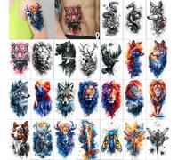 GLARYYEARS Temporary Tattoo 24-Pack for Men - Large 3D Wolf Lion Snake Design for Half Arm Leg Back Body, Long-lasting Realistic