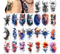 GLARYYEARS Temporary Tattoo for Women - 24-Pack Large 3D Realistic Animal, Butterfly, Flower, Dragonfly Design Pack, Long-lasting on Half Arm, Leg, Back Body