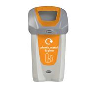 Glasdon Nexus 30 Plastic, Metal & Glass Recycling Bin (Grey, Orange Sticker) - Plastic Recycling Container for Mixed Waste - Compact 30-Litre Mixed Recyclables Recycling Bin