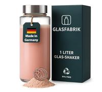 GLASFABRIK® Premium Glass Shaker Protein Shake, 1 Litre BPA-Free Glass Bottle with Stainless Steel Ball, Sustainable Protein Shaker Made of Glass, Tasteless and Leak-Proof, German Brand Quality
