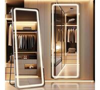 GlasFlength Full Length Mirror with LED Lights, 63"x20" Full Body Mirror, Free Standing & Wall Mounted Hanging Mirror with Light for Bedroom, Aluminum Frame, Dimming & 3 Color Lighting (White)