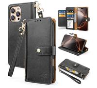 GlasFlength Mobile Phone Case for iPhone 16 Pro Max with RFID Blocker, PU Leather Flip Case Protective Cover Card Slot Stand Function Magnetic Closure Shockproof Flip Case with Wrist Strap (Black)