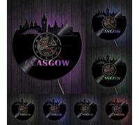Glasgow Minimalist Wall Art Wall Clock Home Decor Glasgow Skyline Vinyl Record Clock Scotland Travel Vintage Gift Modern Clock LED lights