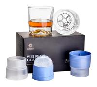 GLASKEY Soccer Whiskey Glasses Set of 2,Whisky Glasses Gift Set with Ice Ball Moulds,419g Heavy Weighted Whisky Tumbler for Scotch, Bourbon, Gin, Rum,300ml Football Whiskey Gift for Men