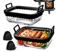 Glass Air Fryer Liners 9-9.5L for NINJA Dual Zone AF400UK/DZ400UK,KEPLIN- 2 Pack Borosilicate Baking Trays with Dividers Dishwasher Safe BPA-Free,Air fryer Accessories for Double Zone Air Frye