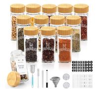 Glass and wood spice jars, 12 × 120 ml Square spice storage container for the kitchen, spice jars with airtight bamboo lids, label