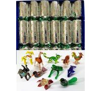 Glass Animal Figurine Christmas Crackers, Festive Mistletoe Design in Silver, Set of 6