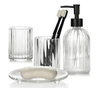 Glass Bathroom Accessories Set, 4Pcs Bathroom Accessories Sets Complete Lotion Soap Dispenser, Toothbrush Holder, Mouthwash Cup, Soap Dish for Bath Decor, Countertop Vanity Organizer (Clear)