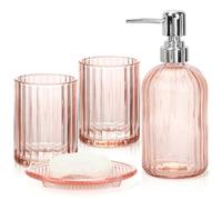 Glass Bathroom Accessories Set, 4Pcs Bathroom Accessories Sets Complete Lotion Soap Dispenser, Toothbrush Holder, Mouthwash Cup, Soap Dish for Bath Decor, Countertop Vanity Organizer (Pink)