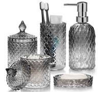 Glass Bathroom Accessories Set, 5 Piece Collection with Soap Dispenser, Toothbrush Holder, Tumbler, Soap Dish, Cotton Swab Jar (Black Gradient Transparent)