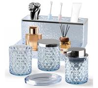 Glass Bathroom Accessories Set 5Pcs Crystal - Blue Foaming Soap Dispenser, Soap Dish, Cup, Acrylic Toothbrush Holder with Tray Organizer, Cotton Swab Jar, Bathroom Counter Set Sink Decor