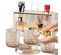 Glass Bathroom Accessories Set 5Pcs Crystal - Brown Foaming Soap Dispenser, Soap Dish, Cup, Acrylic Toothbrush Holder with Tray Organizer, Cotton Swab Jar, Bathroom Counter Set Sink Decor
