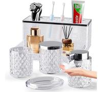 Glass Bathroom Accessories Set 5Pcs Crystal - Foaming Soap Dispenser, Soap Dish, Cup, Acrylic Toothbrush Holder with Tray Organizer, Qtip Jar, Bathroom Counter Set Sink Decor (Clear)