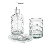 Glass Bathroom Accessory Set For Home Vanity With Wave Textured Dispenser | 3-Piece Glass Bathroom Accessory Set With Soap Dispenser, Tumbler And Dish, Wave Textured