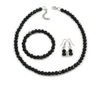 Glass Bead and Faux Pearl Necklace/Flex Bracelet/Drop Earrings Set in Black - 43cmL/4cm Ext/8mm Single Bead