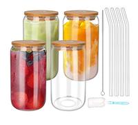 Glass Beer Can Cups with Lids, 4 Packs 16oz Glass Cup with Bamboo Lid and Straw, Can Shaped Glass Cups, Drinking Glasses with Bamboo Lids for Iced Coffee, Bubble Tea, Boba, Water, Juicing, Milk