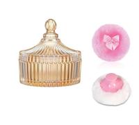 Glass Body Powder Puff Container - 4-Inch with 2 Soft Puffs (3.6" & 3.2") - Ideal for Body Powder, Talcum, or Glitter - Elegant Gift for Women - Multi-Use Storage for Jewellery or Sweets (Amber)