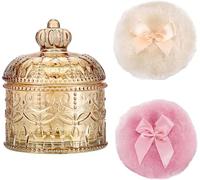 Glass Body Powder Puffs and Container with Crown-shaped Lid, Dusting Powder Container with 2 Bowknot Puffs Washable and Reusable for Women, Empty Talcum Box Container for Baby, Small, Amber