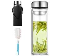 Glass Bottle 1 Litre, Double-Walled Drinking Bottle Glass 1 L, Drinking Bottle 1 L with Cup Brush and Cup Sets, Tea Bottle with Strainer To Go, Drinking Bottle 1 L Glass