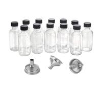 Glass Bottles - 12 Pack Small Clear Glass Bottles | Clear Beverage Bottles, 2 oz / 60 ml Portable Leak Proof Storage Container Includes 3 Metal Funnels for Essential Oils, Dressing and Extracts
