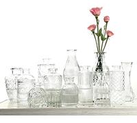 Glass Bud Vase Set 12, Small Flower Vases for Wedding Centerpiece Table Decorations Clear Vintage Embossed Mini Flower Arrangements in for Party or Home Room Decor
