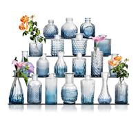 Glass Bud Vase Set of 20 - Small Vases for Flowers in Bulk - Assorted Vintage Crystal Vases for Flowers, Table Centerpieces (Blue, 20 Pcs)